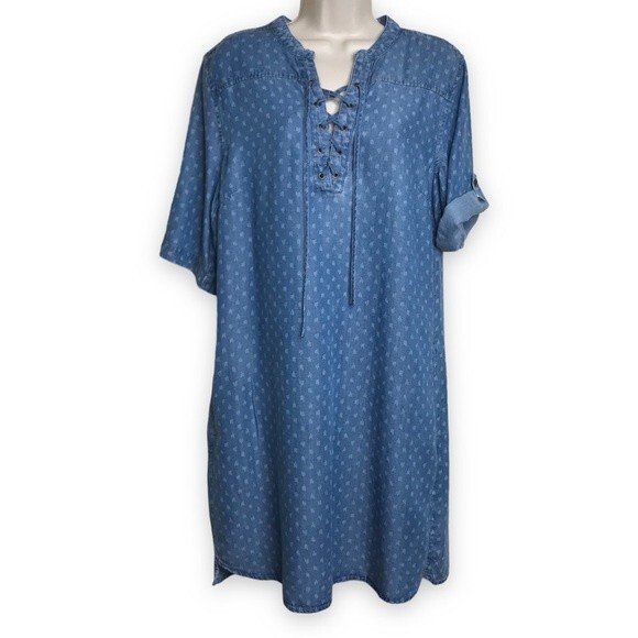 NWT Philosophy Blue Chambray Denim Tencel Lace Up Dress Tunic Women Size Large - Picture 1 of 13